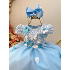 Vestido Infantil Azul C/ Renda e Aplique de Flores Borboletas