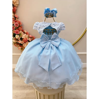 Vestido Infantil Azul C/ Renda e Aplique de Flores Borboletas