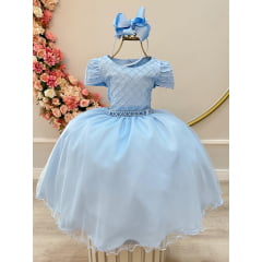 Vestido Infantil Azul Claro Busto Nervura Strass Daminhas