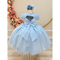 Vestido Infantil Azul Claro Busto Nervura Strass Daminhas