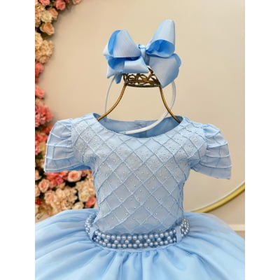 Vestido Infantil Azul Claro Busto Nervura Strass Daminhas