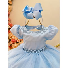 Vestido Infantil Azul Claro C/ Pérolas e Saia Babados Luxo