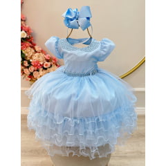 Vestido Infantil Azul Claro C/ Pérolas e Saia Babados Luxo