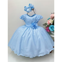 Vestido Infantil Azul Com Aplique de Borboletas e Flores