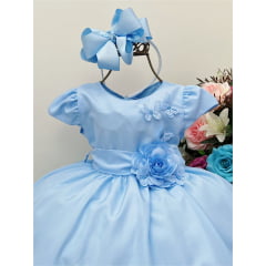 Vestido Infantil Azul Com Aplique de Borboletas e Flores