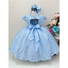 Vestido Infantil Azul Com Aplique de Borboletas e Flores