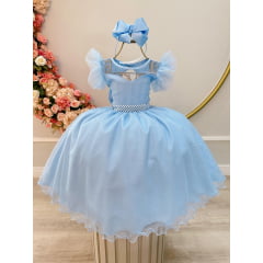 Vestido Infantil Azul Com Cinto de Pérolas Daminhas