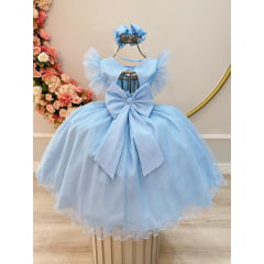 Vestido Infantil Azul Com Cinto de Pérolas Daminhas