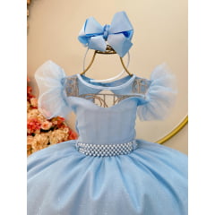 Vestido Infantil Azul Com Cinto de Pérolas Daminhas