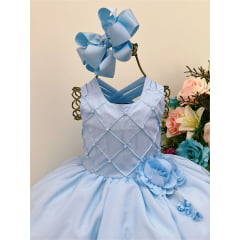 Vestido Infantil Azul Com Nervura Peito Pérolas Broche Flor