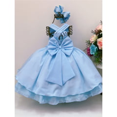 Vestido Infantil Azul Com Nervura Peito Pérolas Broche Flor