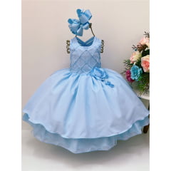Vestido Infantil Azul Com Nervura Peito Pérolas Broche Flor