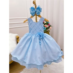 Vestido Infantil Azul Com Nervura Peito Pérolas Broche Flor
