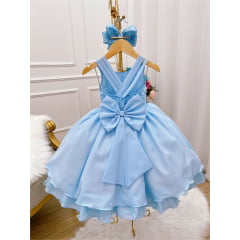 Vestido Infantil Azul Com Nervura Peito Pérolas Broche Flor