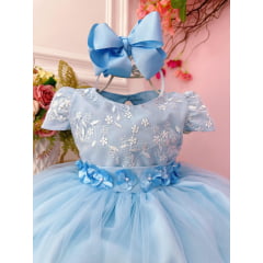 Vestido Infantil Azul Com Renda e Aplique de Flores Festas