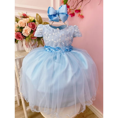 Vestido Infantil Azul Com Renda e Aplique de Flores Festas