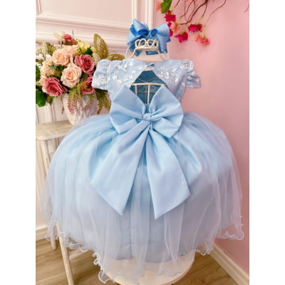Vestido Infantil Azul Com Renda e Aplique de Flores Festas