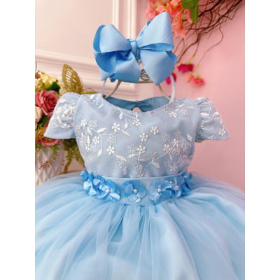 Vestido Infantil Azul Com Renda e Aplique de Flores Festas