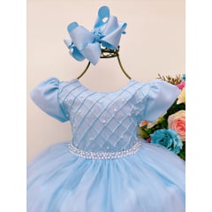 Vestido Infantil Azul Peito C/ Nervura Pérolas Daminhas
