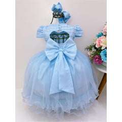 Vestido Infantil Azul Peito C/ Nervura Strass Pérolas