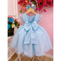 Vestido Infantil Azul Peito Nervura Aplique de Flores