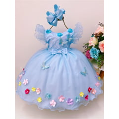 Vestido Infantil Azul Peito Nervura Aplique de Flores