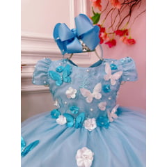 Vestido Infantil Azul Renda Aplique e Borboletas Flores