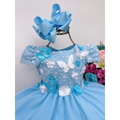 Vestido Infantil Azul Renda C/ Aplique Borboletas e Flores