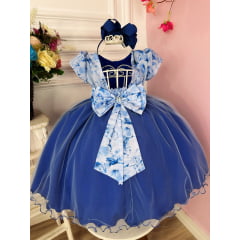 Vestido Infantil Azul Royal C/ Peito Strass Florido Luxo