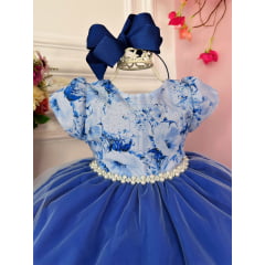 Vestido Infantil Azul Royal C/ Peito Strass Florido Luxo