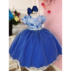 Vestido Infantil Azul Royal C/ Peito Strass Florido Luxo