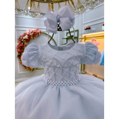 Vestido Infantil Branco Busto Com Nervura e Pérolas Daminhas