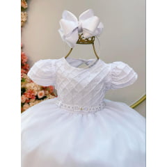 Vestido Infantil Branco Busto Nervura Pérolas Daminhas