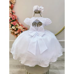 Vestido Infantil Branco Busto Nervura Pérolas Daminhas