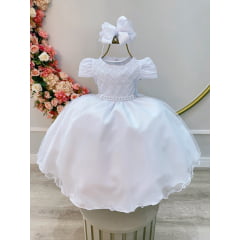 Vestido Infantil Branco Busto Nervura Strass Daminhas