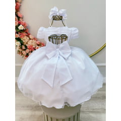 Vestido Infantil Branco Busto Nervura Strass Daminhas