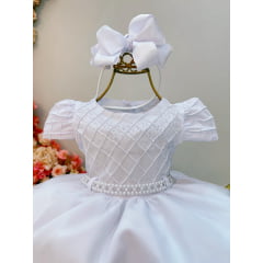 Vestido Infantil Branco Busto Nervura Strass Daminhas