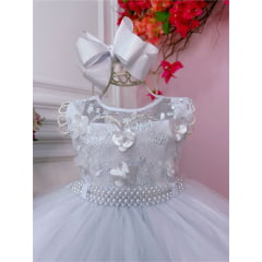 Vestido Infantil Branco C/ Aplique de Flores e Renda Luxo