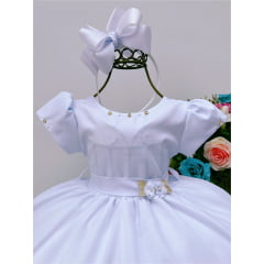 Vestido Infantil Branco C/ Broche de Flores Strass Pérolas