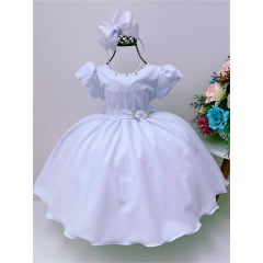 Vestido Infantil Branco C/ Broche de Flores Strass Pérolas
