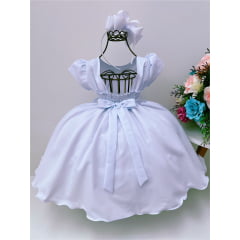 Vestido Infantil Branco C/ Broche de Flores Strass Pérolas