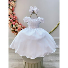 Vestido Infantil Branco C/ Busto Tule e Aplique de Flores