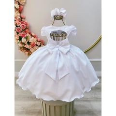 Vestido Infantil Branco C/ Busto Tule e Aplique de Flores