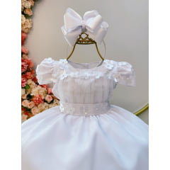 Vestido Infantil Branco C/ Busto Tule e Aplique de Flores