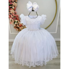 Vestido Infantil Branco C/ Cinto de Pérolas e Busto Damas