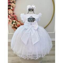 Vestido Infantil Branco C/ Cinto de Pérolas e Busto Damas