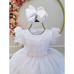 Vestido Infantil Branco C/ Cinto de Pérolas e Busto Damas