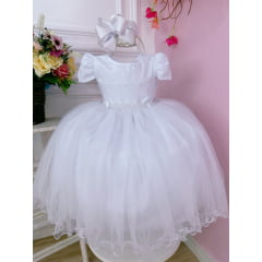 Vestido Infantil Branco C/ Pérolas no Peito e Cinto Luxo
