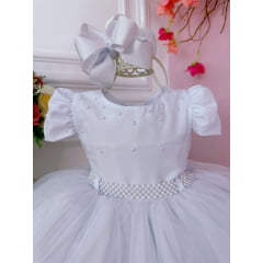 Vestido Infantil Branco C/ Pérolas no Peito e Cinto Luxo