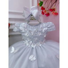 Vestido Infantil Branco C/ Renda e Aplique Borboletas Flores